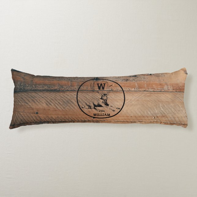 Custom Rustic Wood Texture & Deer Monogram Body Cushion (Front)
