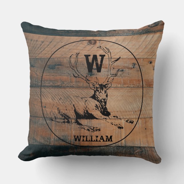 Custom Rustic Wood Texture & Deer Monogram Cushion (Front)