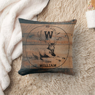 Custom Rustic Wood Texture & Deer Monogram Cushion
