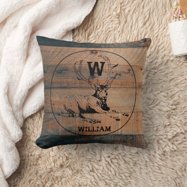 Custom Rustic Wood Texture & Deer Monogram Cushion (Blanket)
