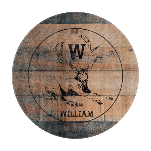 Custom Rustic Wood Texture & Deer Monogram Cutting Board (Front)