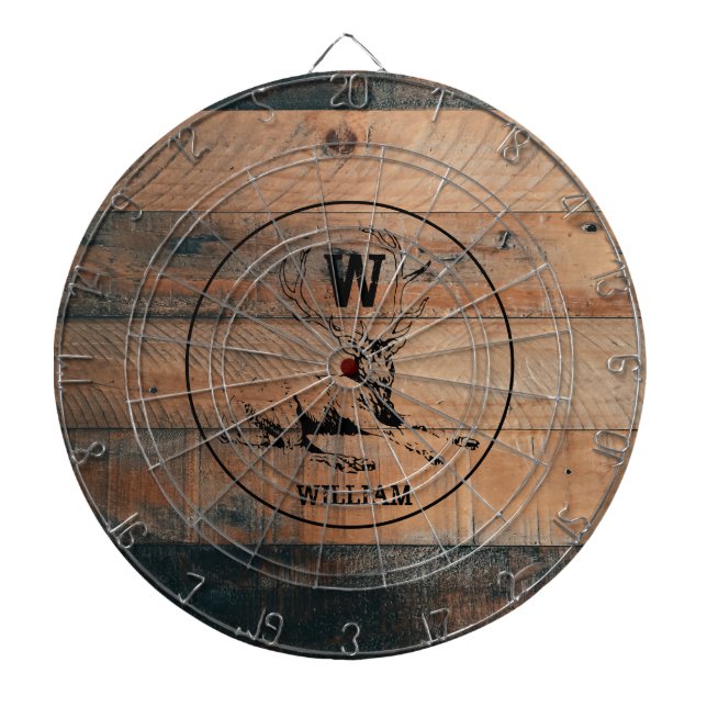 Custom Rustic Wood Texture & Deer Monogram Dartboard (Front)