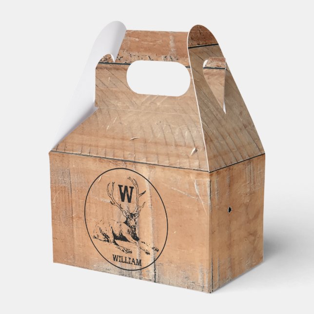 Custom Rustic Wood Texture & Deer Monogram Favour Box (Front Side)