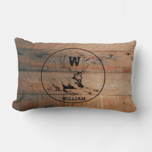 Custom Rustic Wood Texture & Deer Monogram Lumbar Cushion