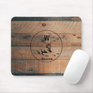 Custom Rustic Wood Texture & Deer Monogram Mouse Pad
