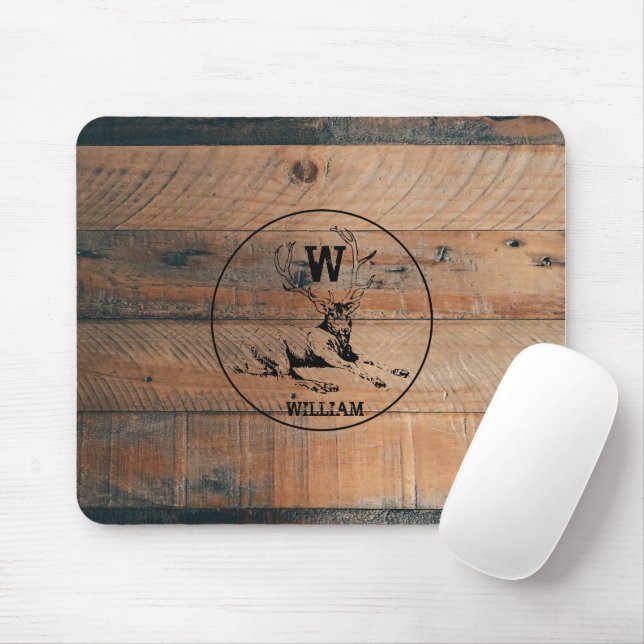 Custom Rustic Wood Texture & Deer Monogram Mouse Pad (With Mouse)