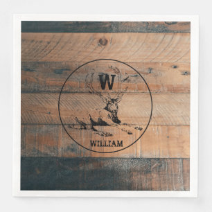 Custom Rustic Wood Texture & Deer Monogram Napkin