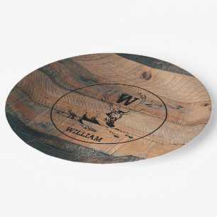 Custom Rustic Wood Texture & Deer Monogram Paper Plate