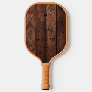 Custom Rustic Wood Texture & Deer Monogram Pickleball Paddle