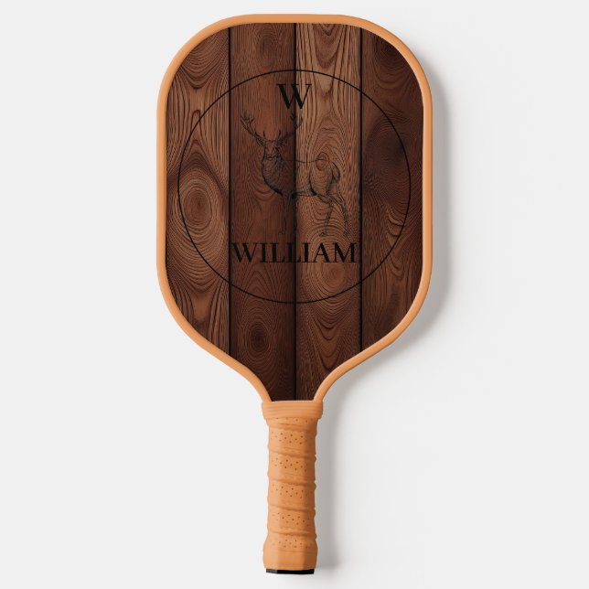 Custom Rustic Wood Texture & Deer Monogram Pickleball Paddle (Back)