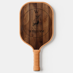 Custom Rustic Wood Texture & Deer Monogram Pickleball Paddle