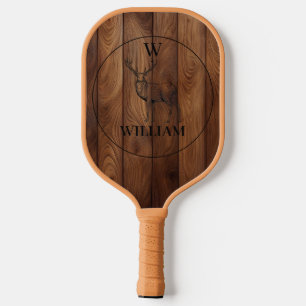Custom Rustic Wood Texture & Deer Monogram Pickleball Paddle