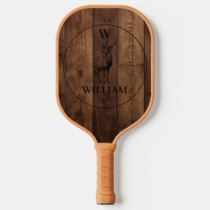 Custom Rustic Wood Texture & Deer Monogram Pickleball Paddle