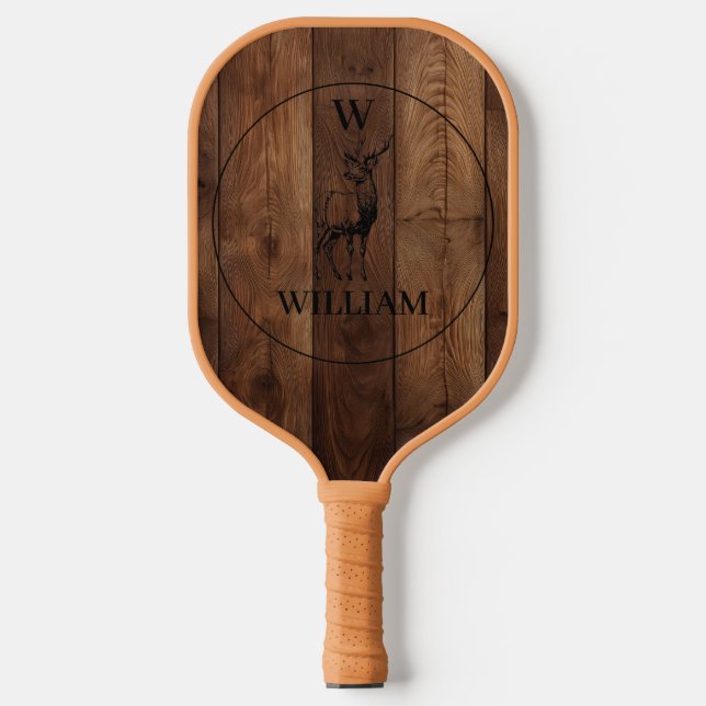 Custom Rustic Wood Texture & Deer Monogram Pickleball Paddle (Front)