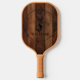 Custom Rustic Wood Texture & Deer Monogram Pickleball Paddle