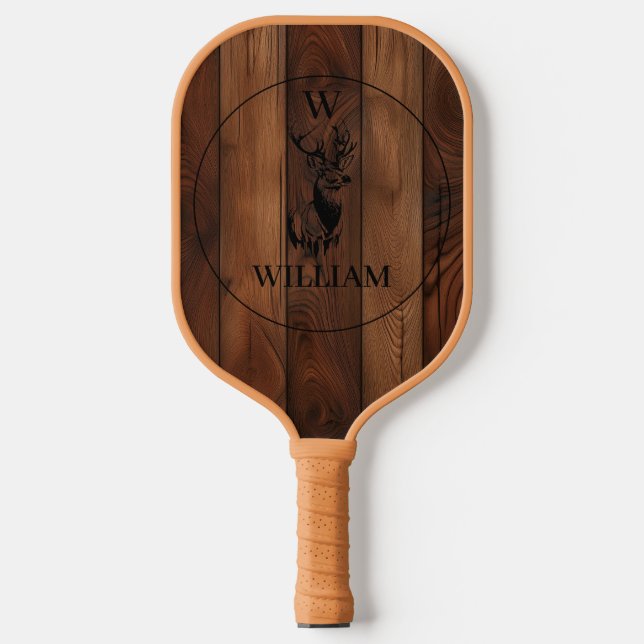 Custom Rustic Wood Texture & Deer Monogram Pickleball Paddle (Front)