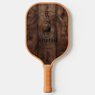 Custom Rustic Wood Texture & Deer Monogram Pickleball Paddle