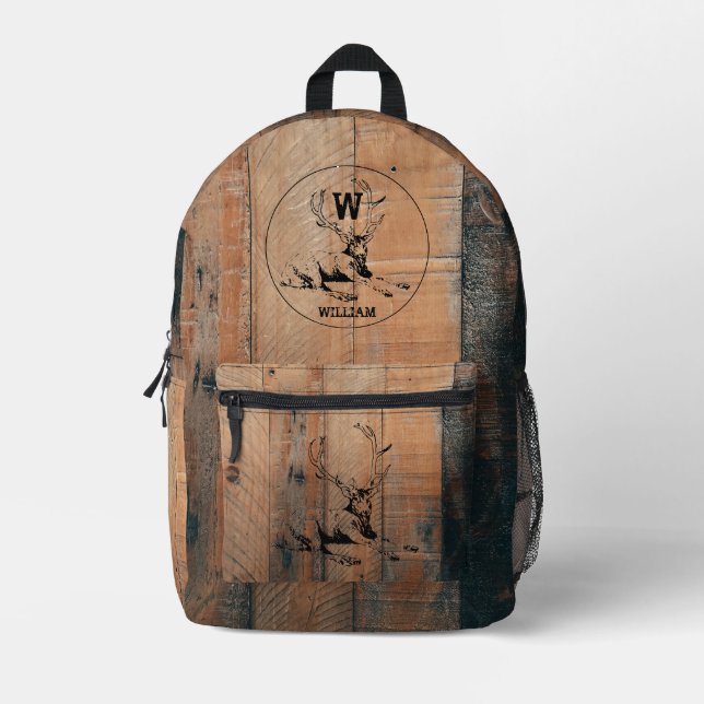 Custom Rustic Wood Texture & Deer Monogram Printed Backpack (Front)