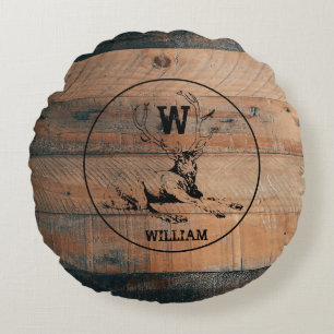 Custom Rustic Wood Texture & Deer Monogram Round Cushion
