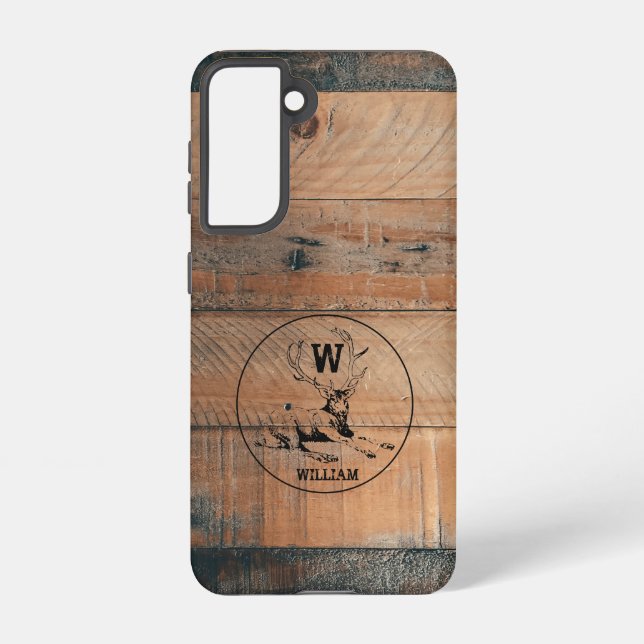 Custom Rustic Wood Texture & Deer Monogram  Samsung Galaxy S21 Case (Back)