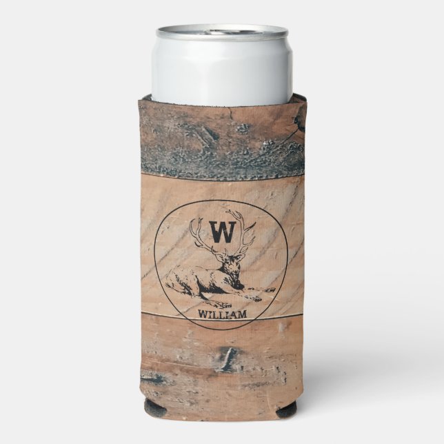 Custom Rustic Wood Texture & Deer Monogram   Seltzer Can Cooler (Seltzer Front)