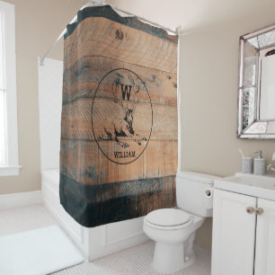 Custom Rustic Wood Texture & Deer Monogram Shower Curtain