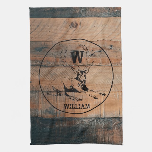 Custom Rustic Wood Texture & Deer Monogram Tea Towel (Vertical)
