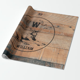 Custom Rustic Wood Texture & Deer Monogram Wrapping Paper