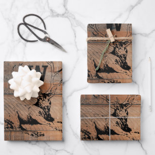 Custom Rustic Wood Texture & Deer Monogram Wrapping Paper Sheet