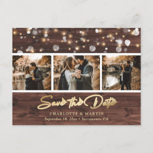 Custom Rustic Wood Wedding 3 Photo Save The Date Announcement Postcard