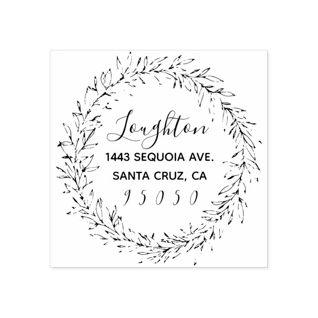 Custom Rustic Wreath & Cute Script Return Address Rubber Stamp (Imprint)