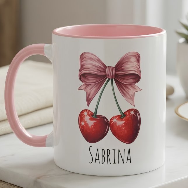 Custom "Sabrina" Cherry & Pink Bow Two-Tone Name Mug (Creator Uploaded)