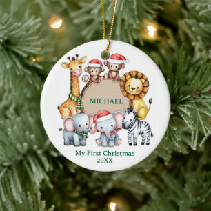 Custom Safari Animals Baby 1st First Christmas Ceramic Ornament