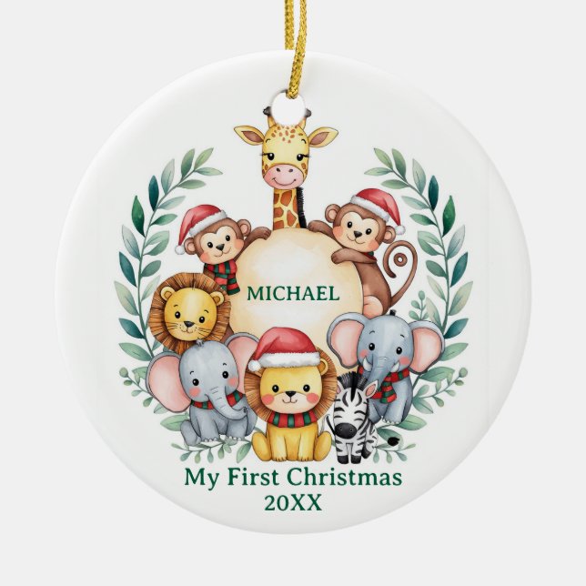 Custom Safari Animals Baby 1st First Christmas     Ceramic Ornament (Front)