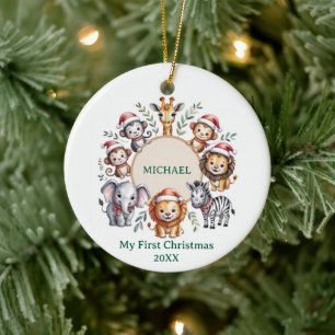 Custom Safari Animals Baby 1st First Christmas     Ceramic Ornament