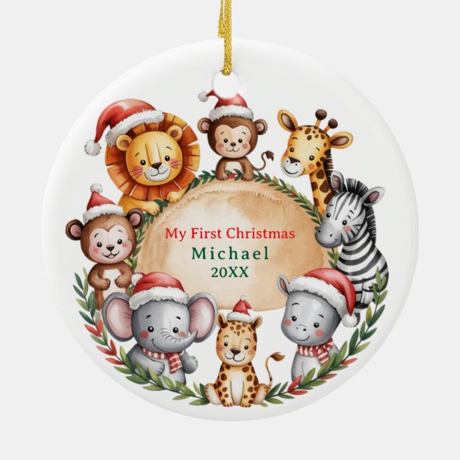Custom Safari Animals Baby 1st First Christmas Ceramic Ornament (Back)