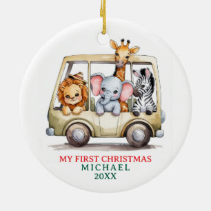 Custom Safari Animals Baby 1st First Christmas Ceramic Ornament