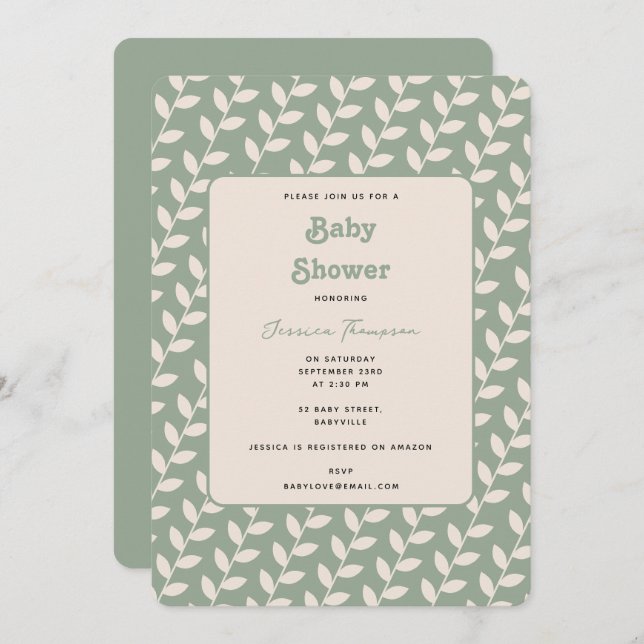 Custom Sage Green 70s Retro Leaf Baby Shower Invitation (Front/Back)