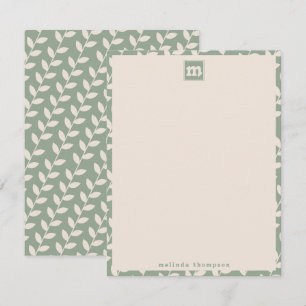Custom Sage Green 70s Retro Leaf Pattern Monogram Card