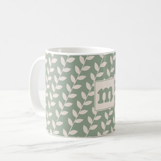 Custom Sage Green 70s Retro Leaf Pattern Monogram Coffee Mug (Front Left)