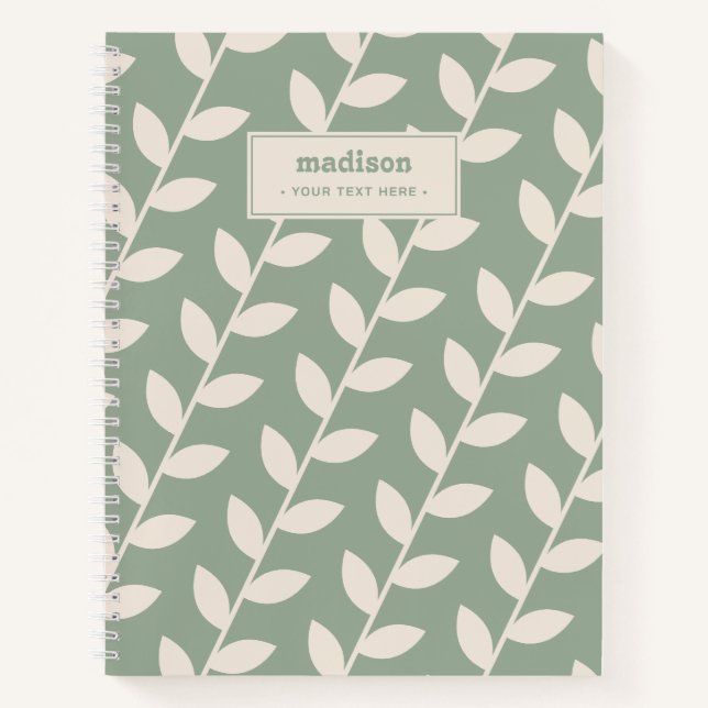 Custom Sage Green 70s Retro Leaf Pattern Monogram Notebook (Front)