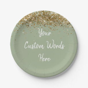 Custom Sage Green and Gold Glitter Birthday Party Paper Plate