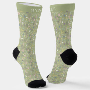 Custom Sage Green Floral Pink White Flowers Socks