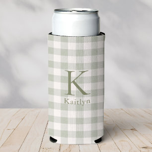 Custom Sage Green Gingham Heirloom Monogram Seltzer Can Cooler