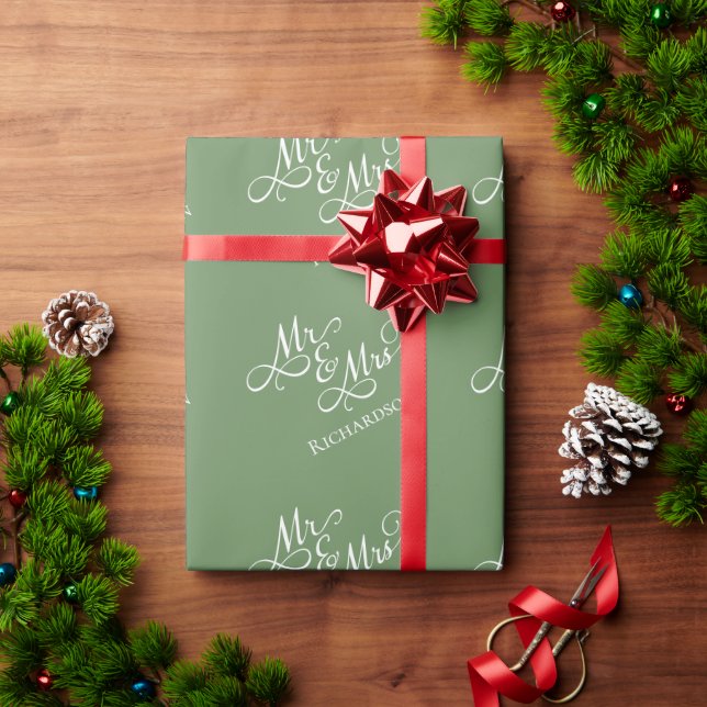 Custom Sage Green Mr and Mrs Wrapping Paper (Holiday Gift)