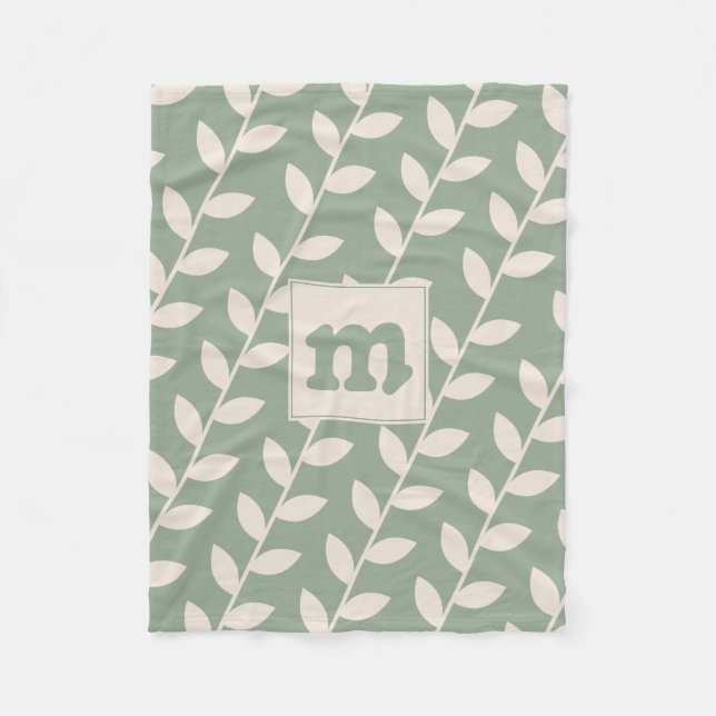 Custom Sage Green Retro Leaf Pattern Monogram Fleece Blanket (Front)
