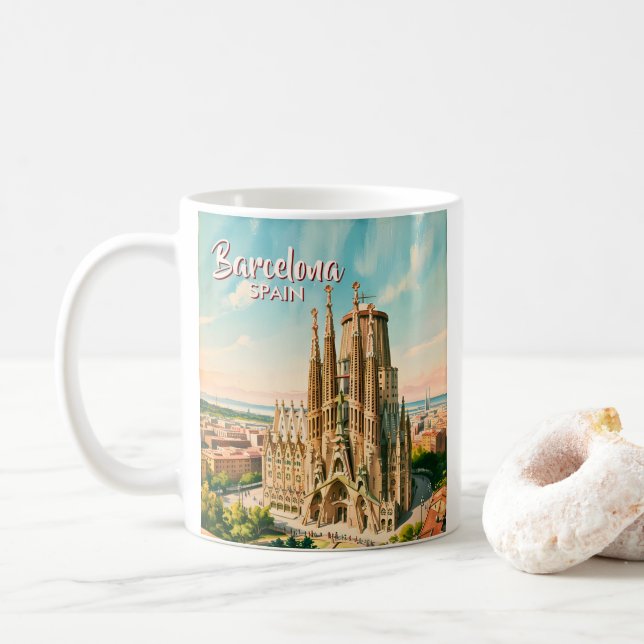 Custom Sagrada Familia Barcelona Travel Watercolor Coffee Mug (With Donut)