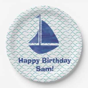 Custom Sailboat Coastal Turquoise Waves Abstract Paper Plate
