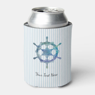Custom Sailboat Wheel Painting Coastal Blue Stripe Can Cooler