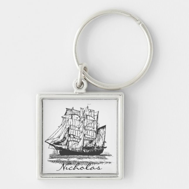 Custom Sailboat Windjammer Nautical Seafaring Boat Key Ring (Front)